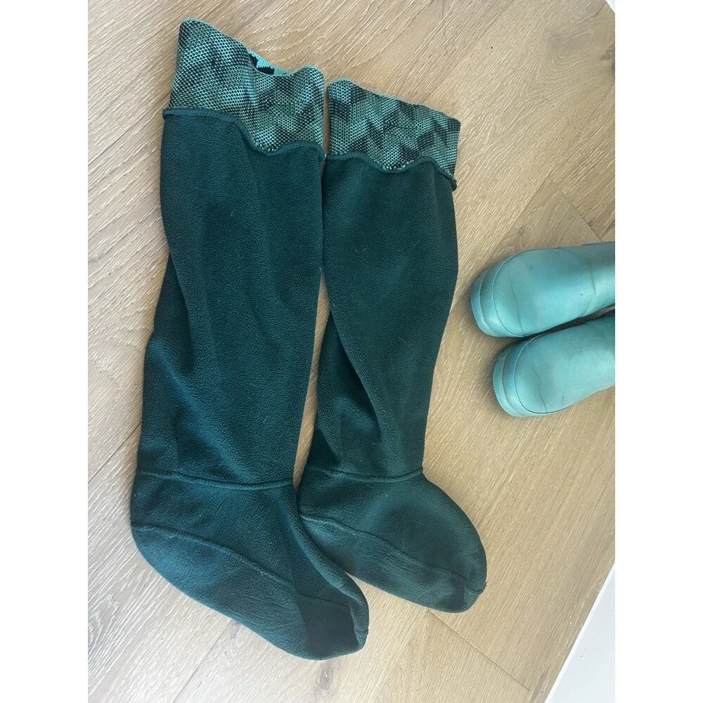 Hunter: Original Tall Teal Blue Rain Boots w/ Knit Fleece Boot Socks (L): Size 6